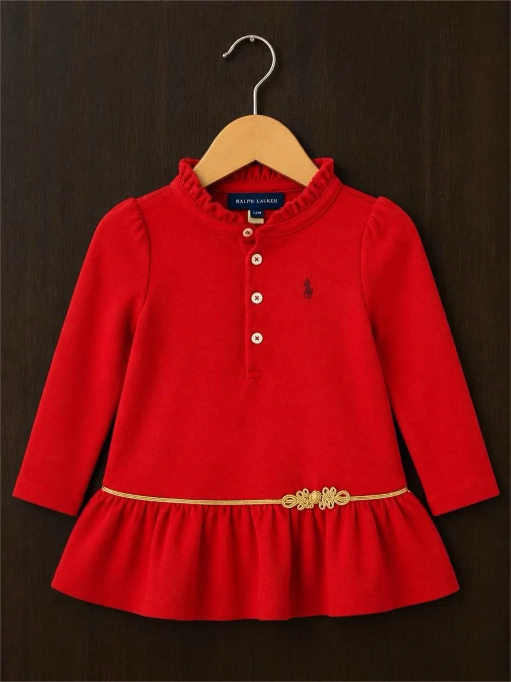 Ralph Lauren Baby Girl Red Holiday Dress 12M Gold Trim Long Sleeve Christmas
